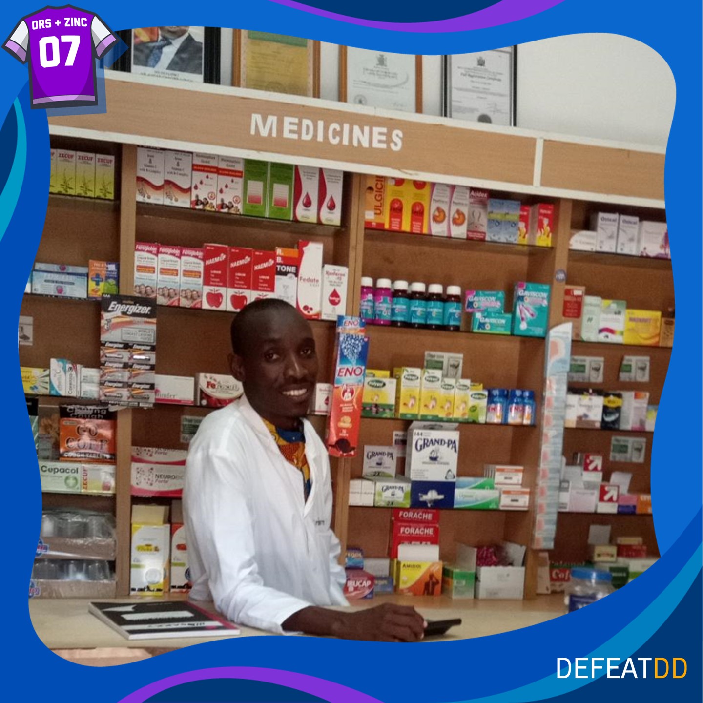 A pharmacist from Zambia smiling behind a counter 