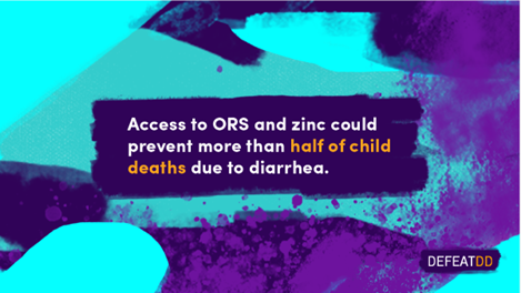 Blue and purple graphic with statement 'Access to ORS and zinc could prevent more than half of child deaths due to diarrhea."