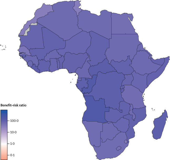 Map of Africa showing benefit-risk ratio in each country of continuing routine immunization amidst risk of COVID