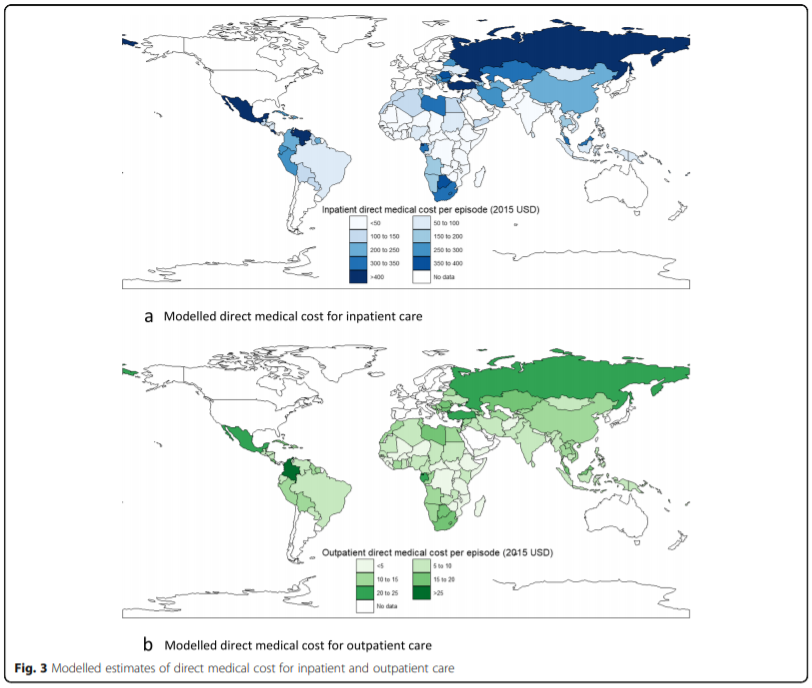 Map showing modeled estimates of cost of illness for diarrhea in 137 countries