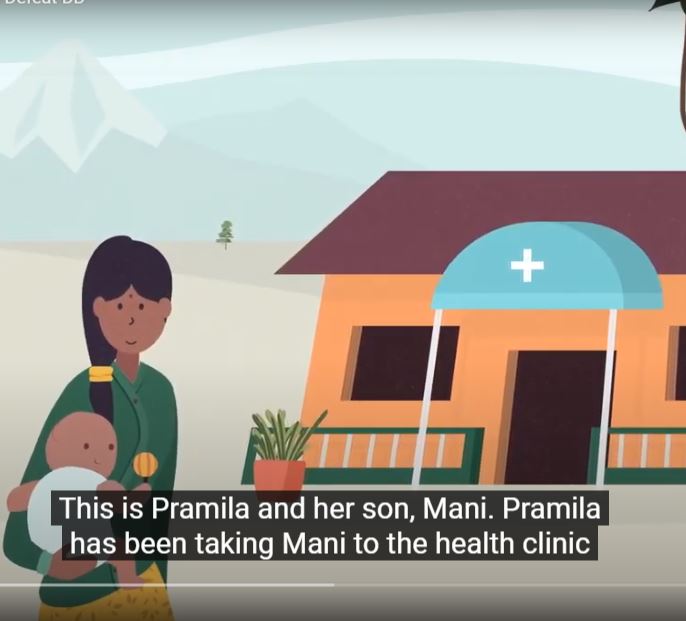 Animated Nepali mother and baby outside of a health clinic