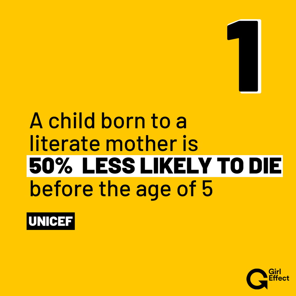 Graphic: "A child born to a literate mother is 50% less likely to die before the age of 5."