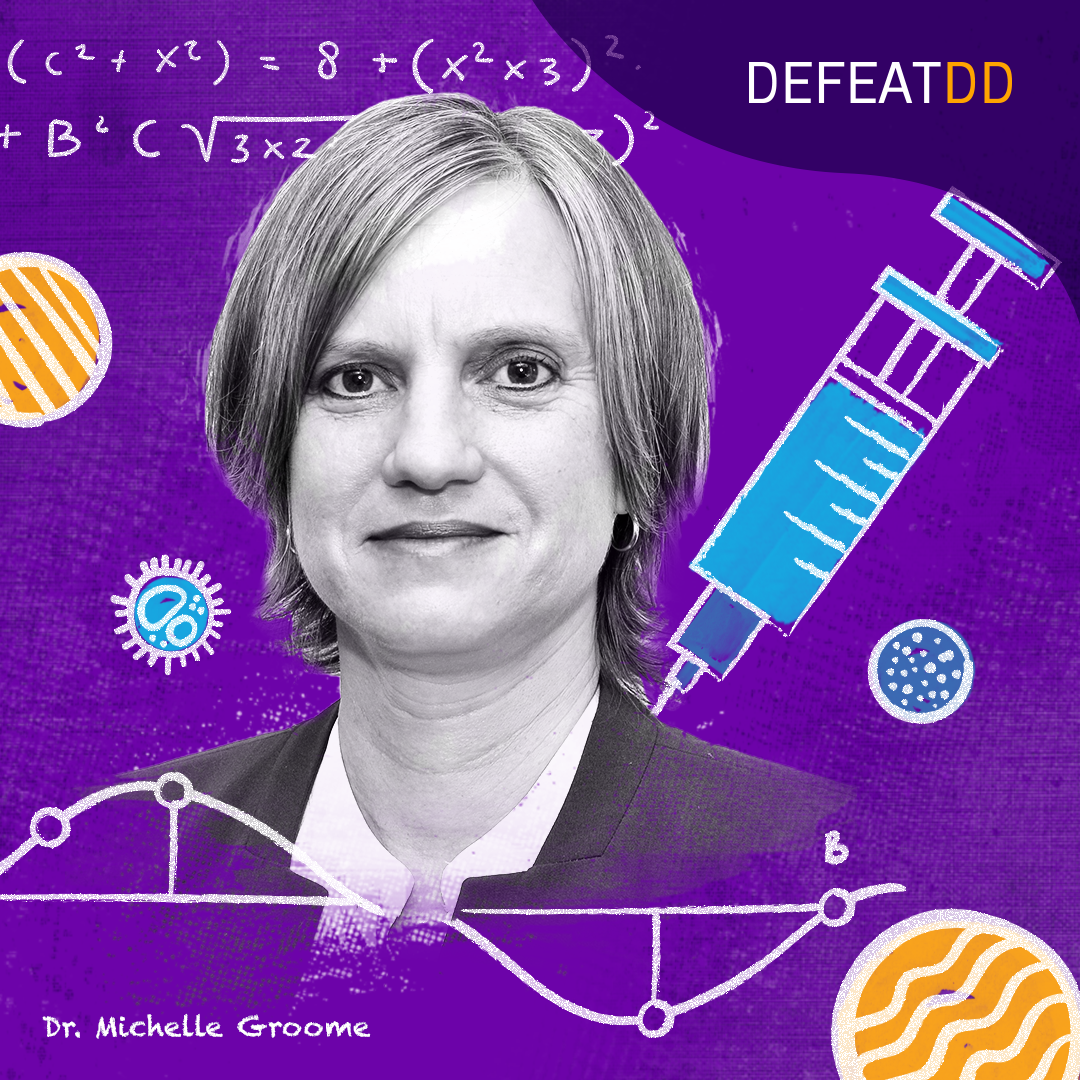 Dr. Groome in black and white in front of science purple background and science themed graphic design elements