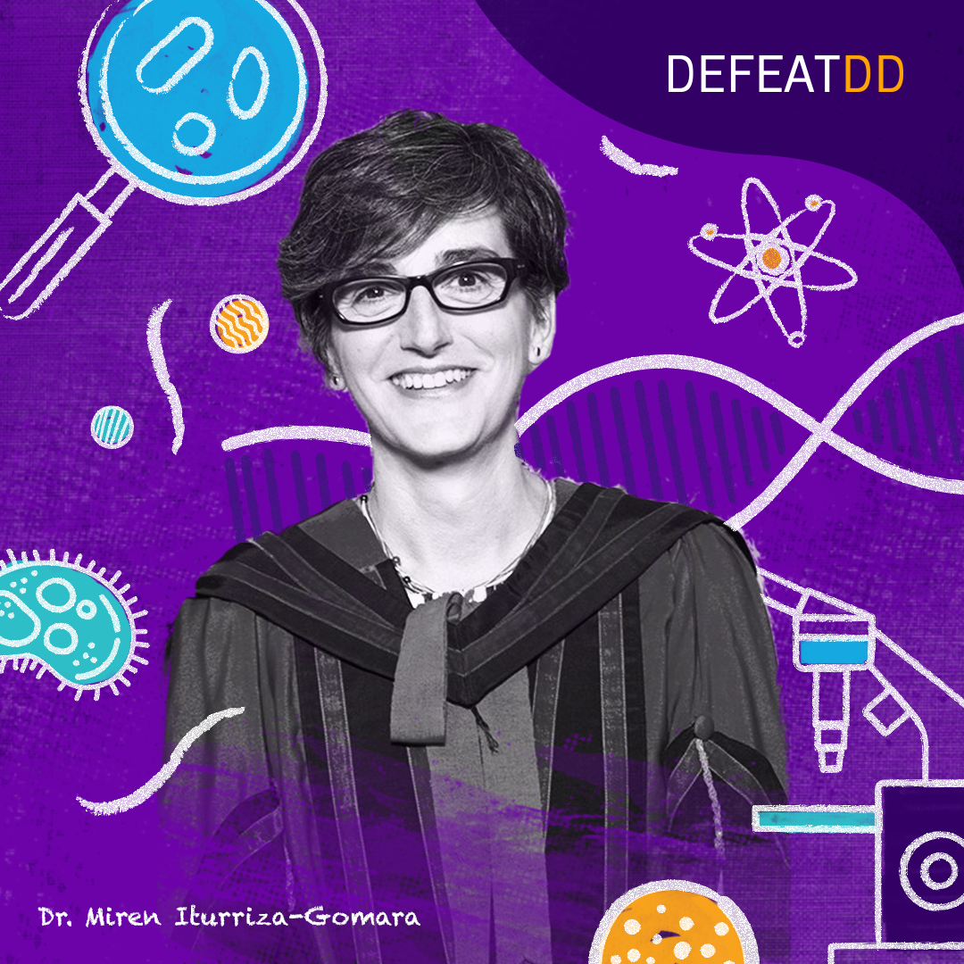 Dr. Iturriza-Gomara in black and white in front of a purple background with science themed graphic design elements