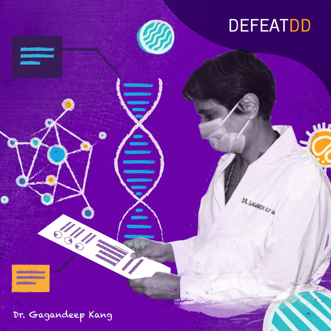 Dr, Gagandeep Kang wearing a face mask and reading in front of a purple background with science graphics
