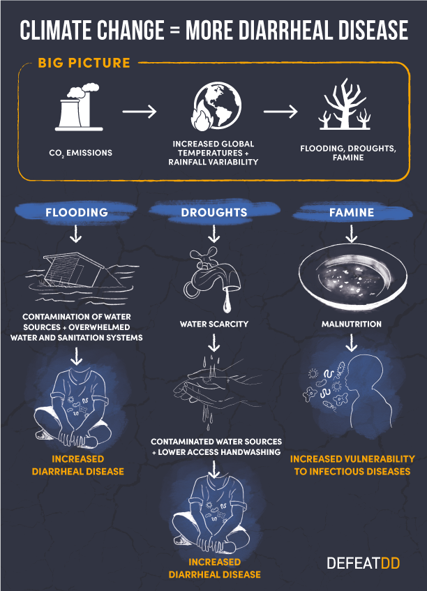 Infographic titled "Climate change = more diarrheal disease"