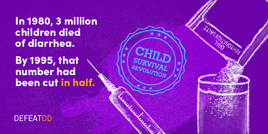 Child survival revolution graphic: In 1980, 3 million children died of diarrhea. By 1995, that number had been cut in half