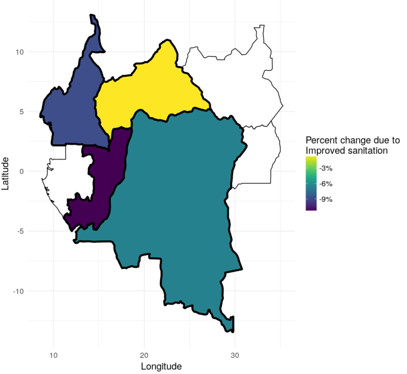 Map of 4 countries showing percent change in diarrhea mortality due to improved sanitation