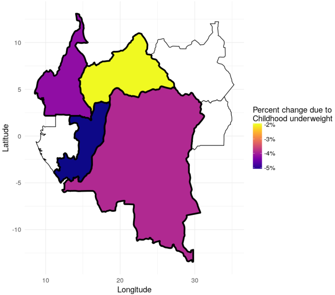 Map showing percent change in diarrhea mortality due to change in childhood underweight in 4 countries