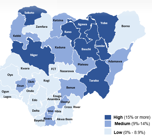 Diarrhea burden shaded by color based on state in Nigeria