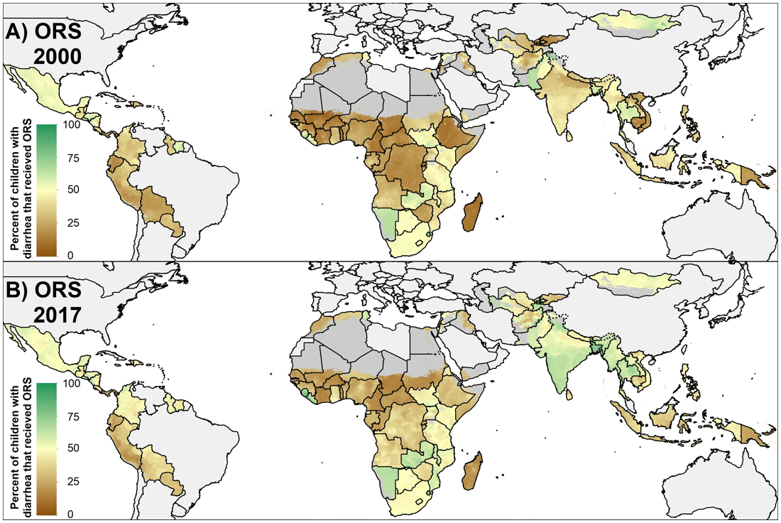 Global map of ORS coverage, 2000 and 2017