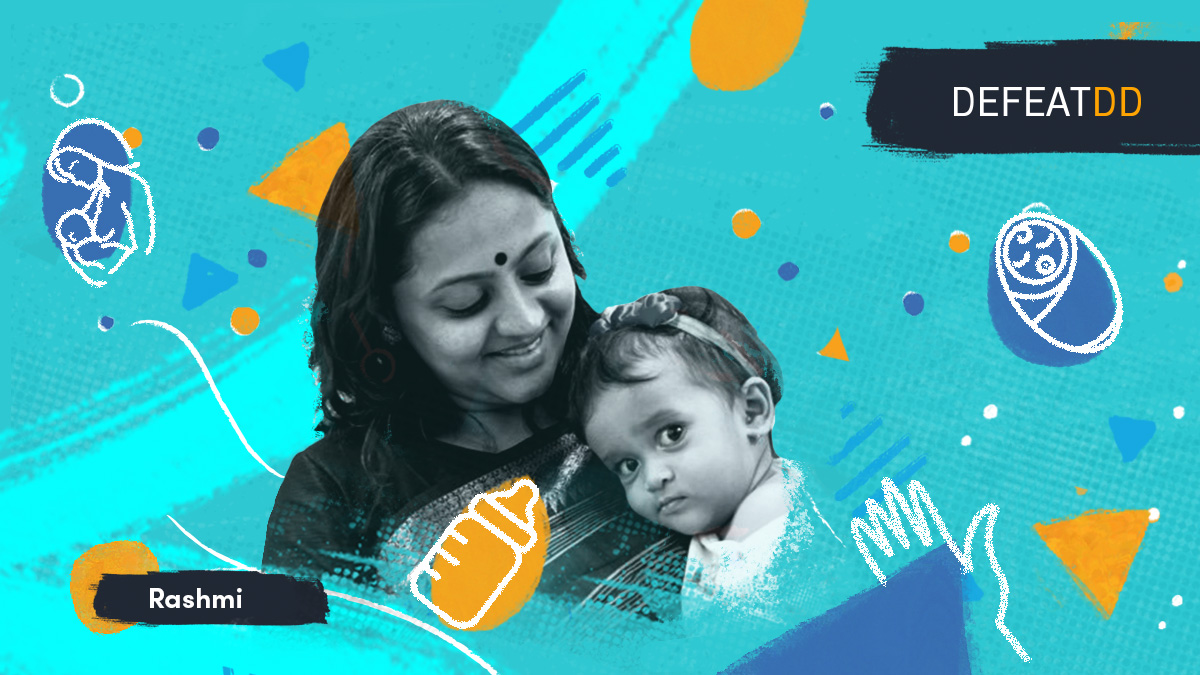 Graphic with photo of Rashmi and her infant son