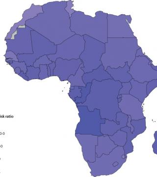 Map of Africa showing benefit-risk ratio in each country of continuing routine immunization amidst risk of COVID