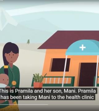 Animated Nepali mother and baby outside of a health clinic