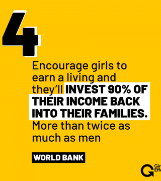 Girl effect text graphic: "encourage girls to earn a living and they’ll invest 90% of their income back into their families, more than twice as much as men."
