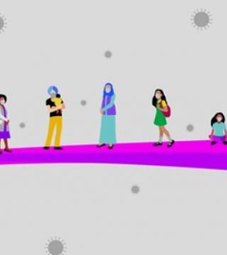 Illustration of diverse adults and children on a purple bridge
