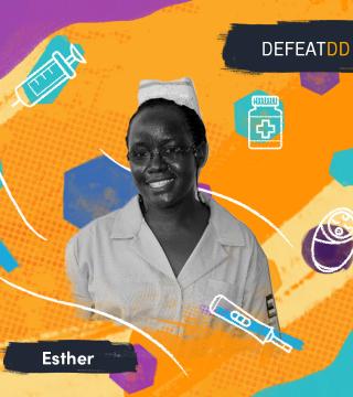 Graphic with photo of Esther Alamia, midwife