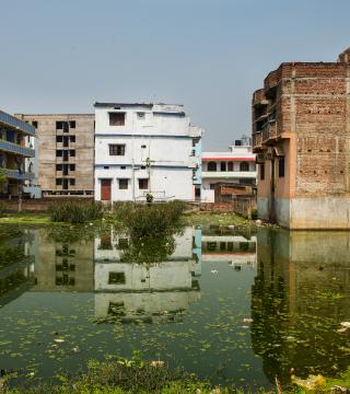 Photo of flooded city buildings