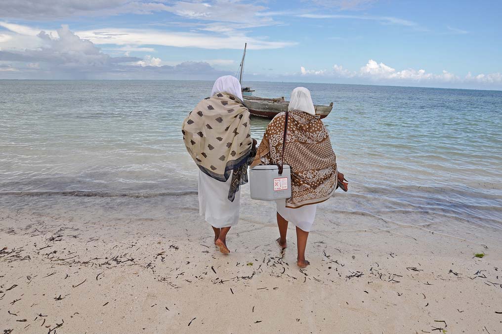 Two health workers with vaccines walking toward a boat