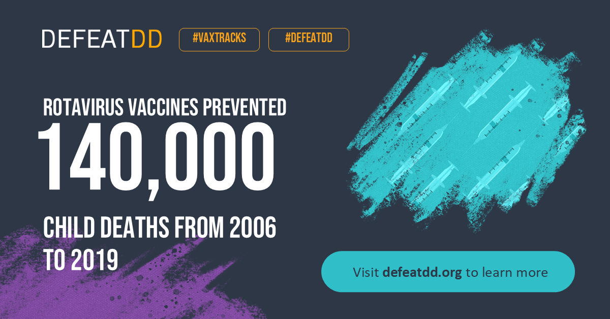 Dark graphic with the text: "Rotavirus vaccines prevented 140,000 child deaths from 2006 to 2019." Includes DefeatDD logo, #VaxTracks, and a call to visit defeatdd.org to learn more. Abstract blue and purple paint strokes in the background.